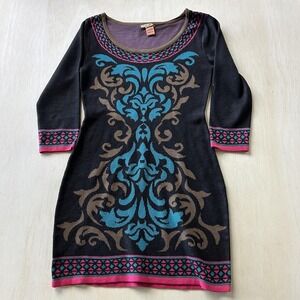Flying Tomato Sweater Dress Womens Small Black Geometric Knit 3/4 Sleeve Mini